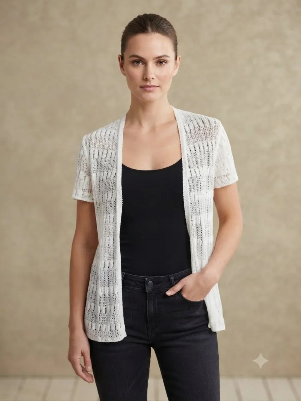 Boho Coastal White Open Knit Short Sleeve Minimalist Cardigan Summer Layering M - Picture 1 of 10